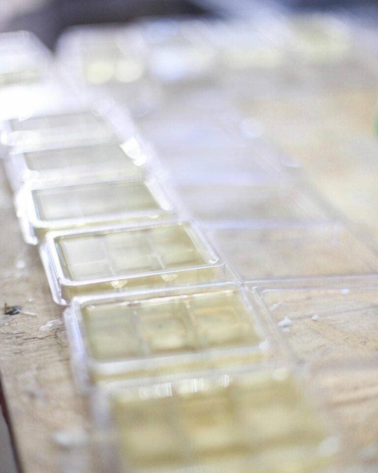 A close-up row of poured wax melts cooling in clear plastic molds.